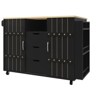 Markenprodukt ABRIHOME Kücheninsel in Schwarz mit Rollen Arbeitsplatte und Gewürzregal Schiebetürengünstig kaufen | limango