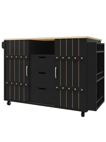 Markenprodukt ABRIHOME Kücheninsel in Schwarz mit Rollen Arbeitsplatte und Gewürzregal Schiebetürengünstig kaufen | limango