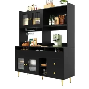 Neu ABRIHOME Hochschrank in Schwarz mit Golddekor und Lochglastüren 145x39x171 cm günstig kaufen | limango