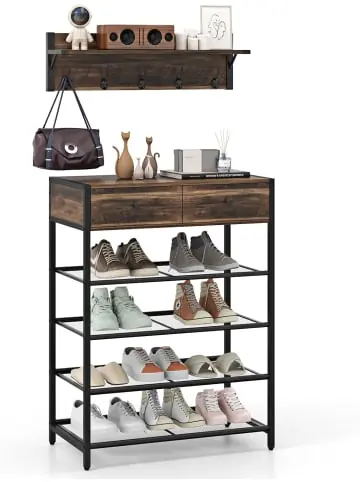 Zertifiziert COSTWAY Wandgarderobe mit Schuhregal in Braun günstig kaufen | limango