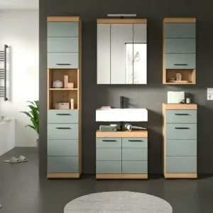 Wochenendangebot Badmöbel-Set SCHLOONSEE, 5 teilig, inklusive LED Beleuchtung, bestehend aus: Hochschrank, WBU, Spiegelschrank, Unterschrank, Hängeschrank Schloonsee | Eiche Artisan (Nachbildung), Salbeigrün
