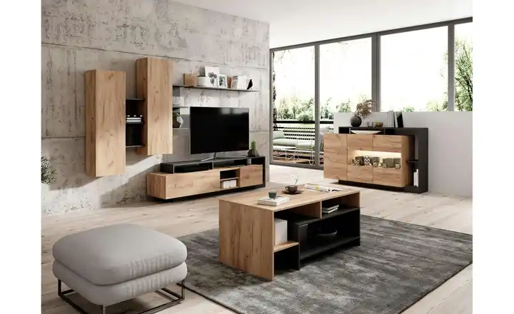 Wohnwand | Schwarz, Eiche (Nachbildung) | Möbel Höffner Echt