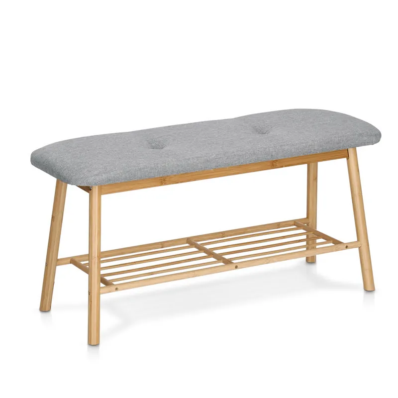Zertifiziert Schuhbank mit Ablage Bambus/Leinen naturfarben/grau 89,5 x 44 x 30 cm