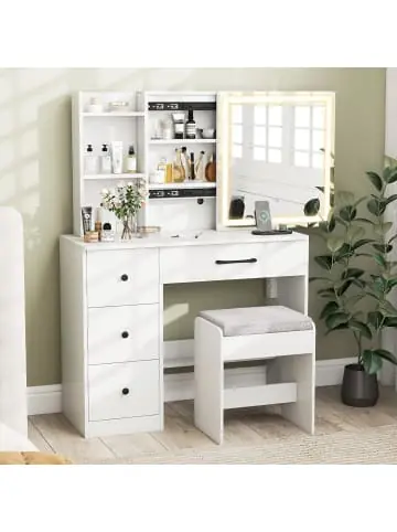 COSTWAY Schminktisch mit LED & Schminkhocker 96 x 40 x 135 cm in Weiß günstig kaufen | limango Online Kaufen