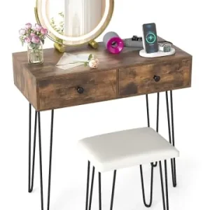 COSTWAY Schminktisch mit LED Spiegel Hocker 80 x 40 x 76 cm in Braun günstig kaufen | limango Wochenendangebot