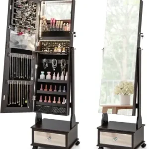 Expressversand COSTWAY Schmuckschrank LED mit Rollen 159cm in Braun günstig kaufen | limango