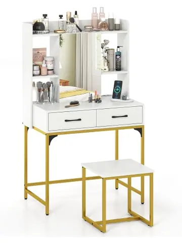 Garantierte Lieferung COSTWAY Schminktisch-Set mit Hocker & Spiegel in Weiß günstig kaufen | limango