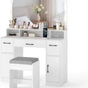Rabatt COSTWAY Schminktisch mit Schminkhocker & 3 Lichtfarben LED-Spiegel in Weiß günstig kaufen | limango