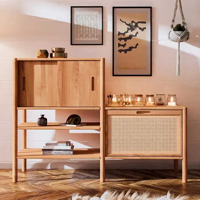 Wildbuche Holzregal mit Schiebetüren - Indrya Günstig